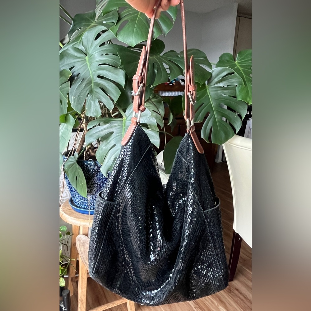 Sorial New York Black Snake Embossed & Brown Leather Strap Boho Bag. Nice !